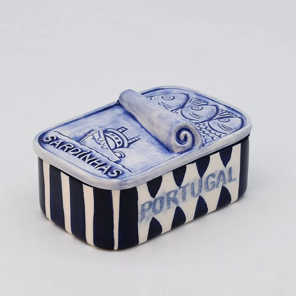 Boite à sardines en céramique rayée - Bleu