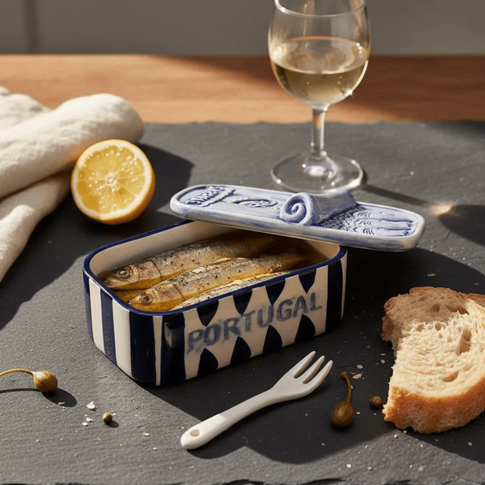 Boite à sardines en céramique rayée - Bleu