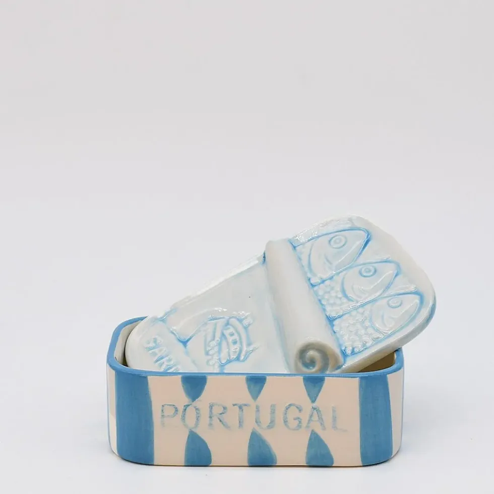 Boite à sardines en céramique rayée - Turquoise