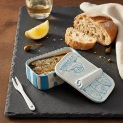 Boite à sardines en céramique rayée - Turquoise