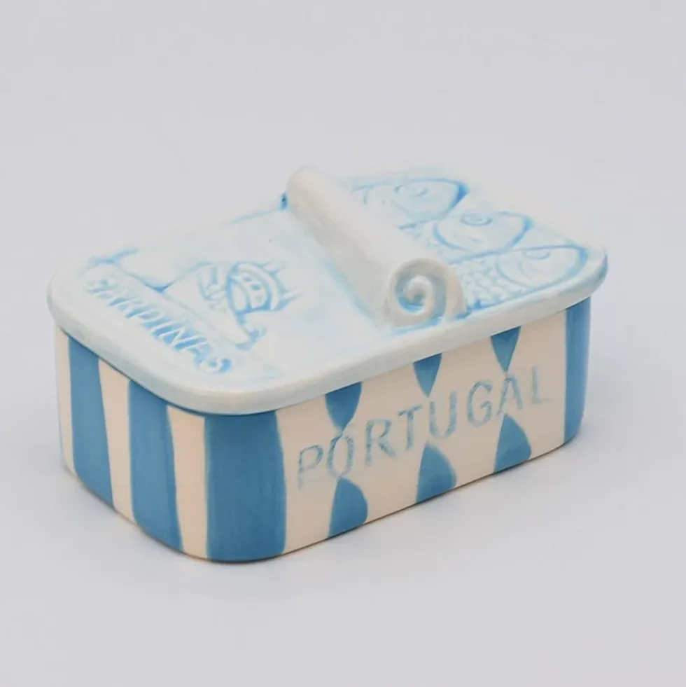 Boite à sardines en céramique rayée - Turquoise