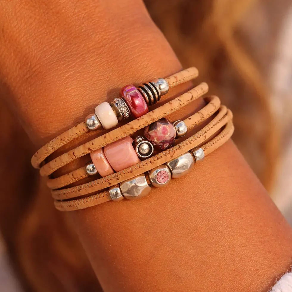 Bracelet en liège et perles - Rose