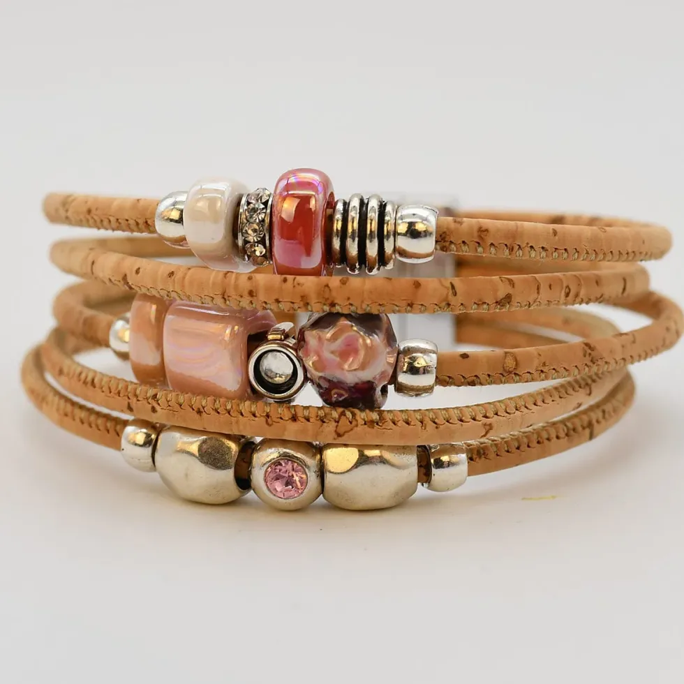 Bracelet en liège et perles - Rose