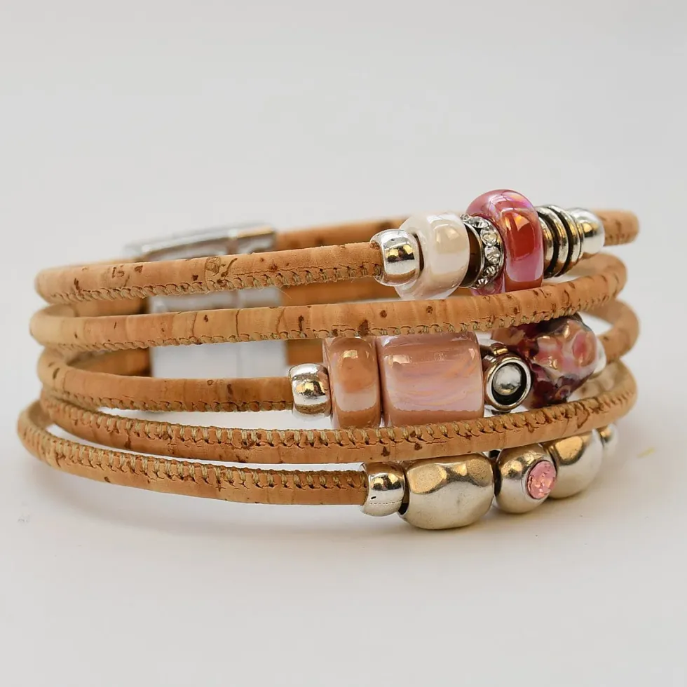 Bracelet en liège et perles - Rose