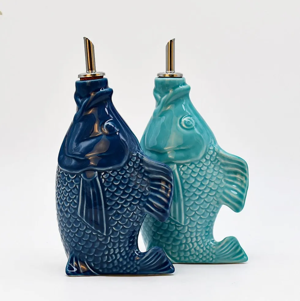 Carafe à huile en céramique en forme de Poisson - Bleue