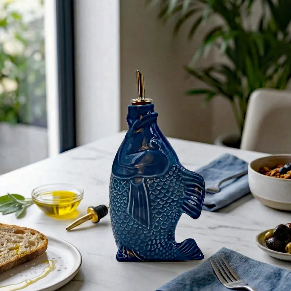 Carafe à huile en céramique en forme de Poisson - Bleue