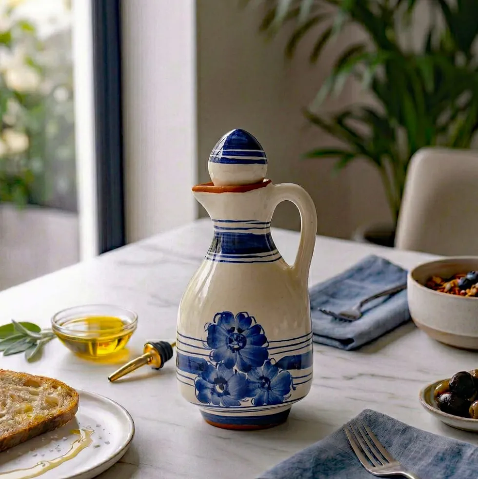Carafe à huile en terre cuite - Bleue