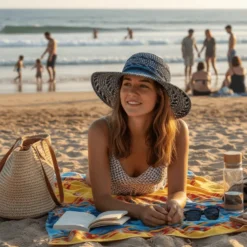 Chapeau de plage en fibres végétales - Bleu & Blanc