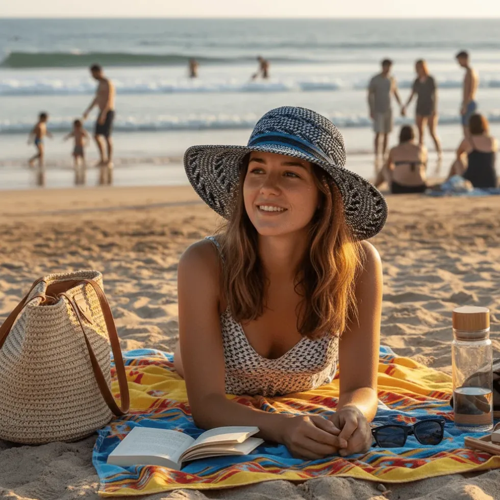 Chapeau de plage en fibres végétales - Bleu & Blanc