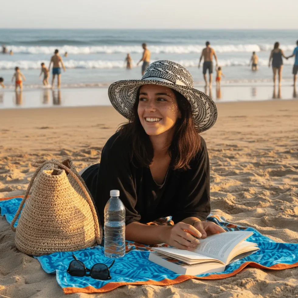 Chapeau de plage en fibres végétales - Noir & Blanc
