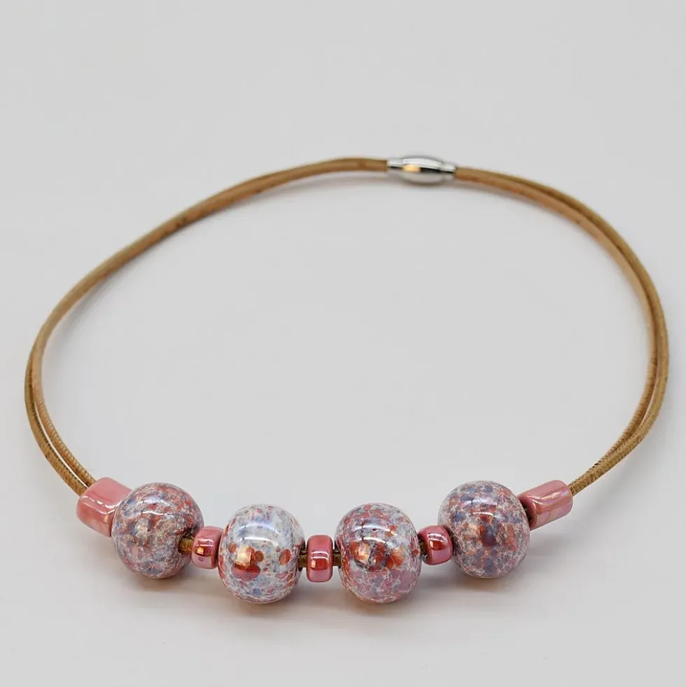 Collier en liège et perles - Rose