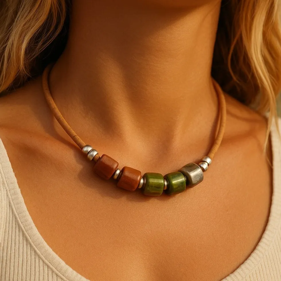 Collier en liège et perles - Vert