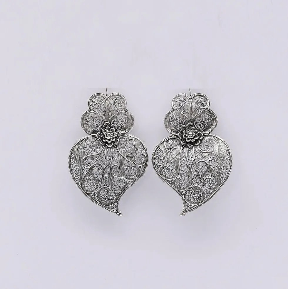 Coração de Viana I Boucles d'oreille en argent oxydé - 6.5cm
