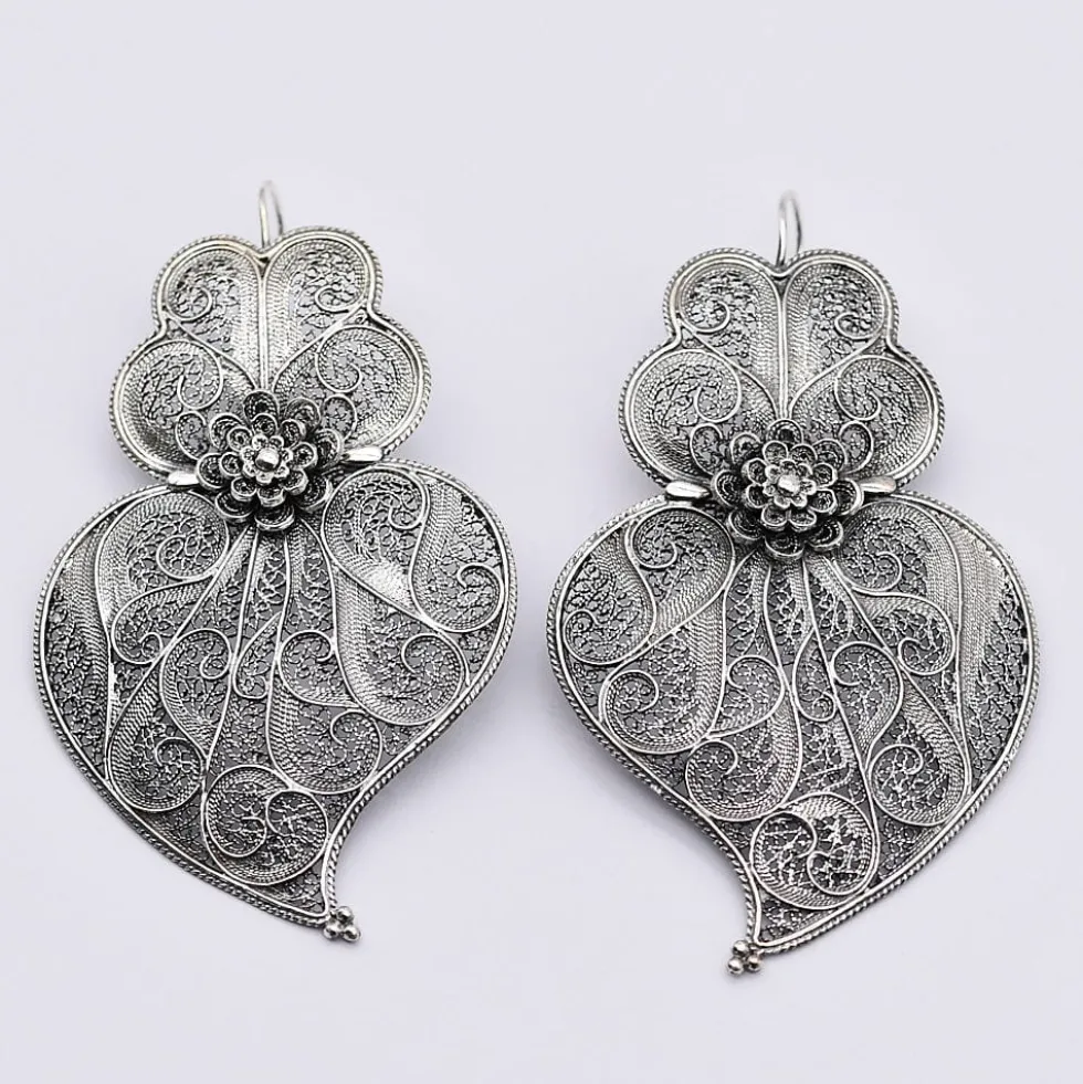 Coração de Viana I Boucles d'oreille en argent oxydé - 6.5cm