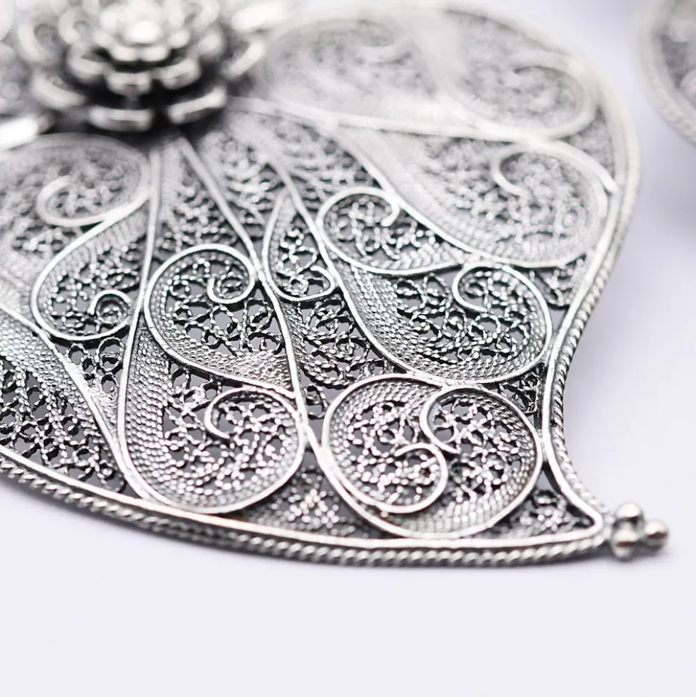 Coração de Viana I Boucles d'oreille en argent oxydé - 6.5cm
