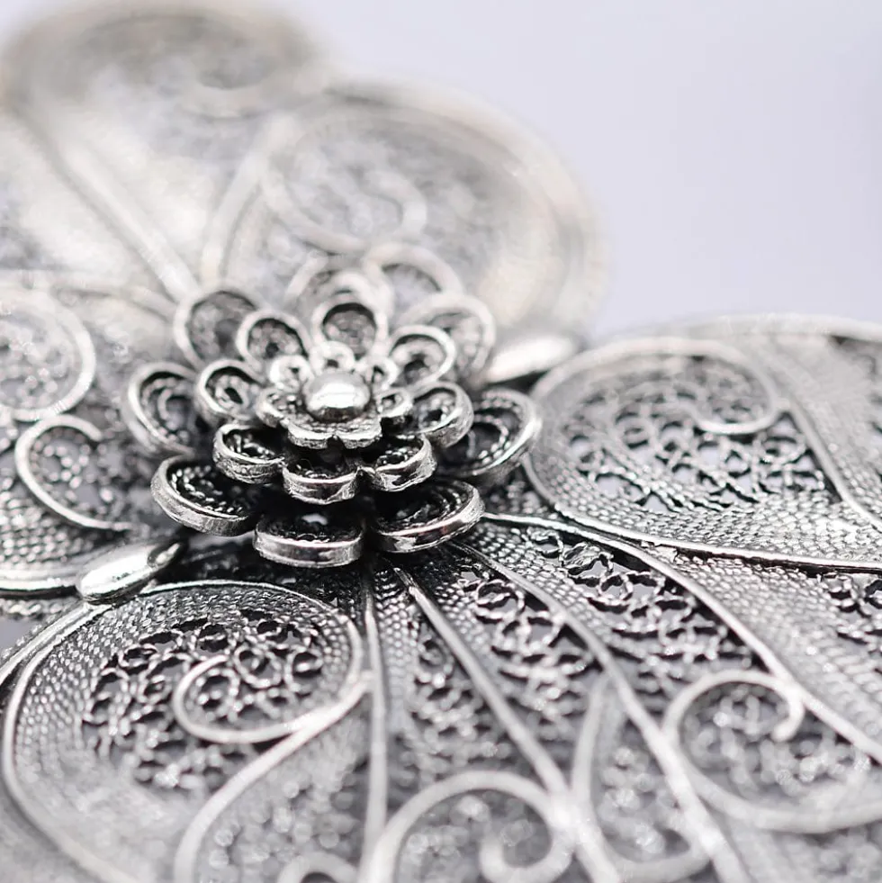 Coração de Viana I Boucles d'oreille en argent oxydé - 6.5cm