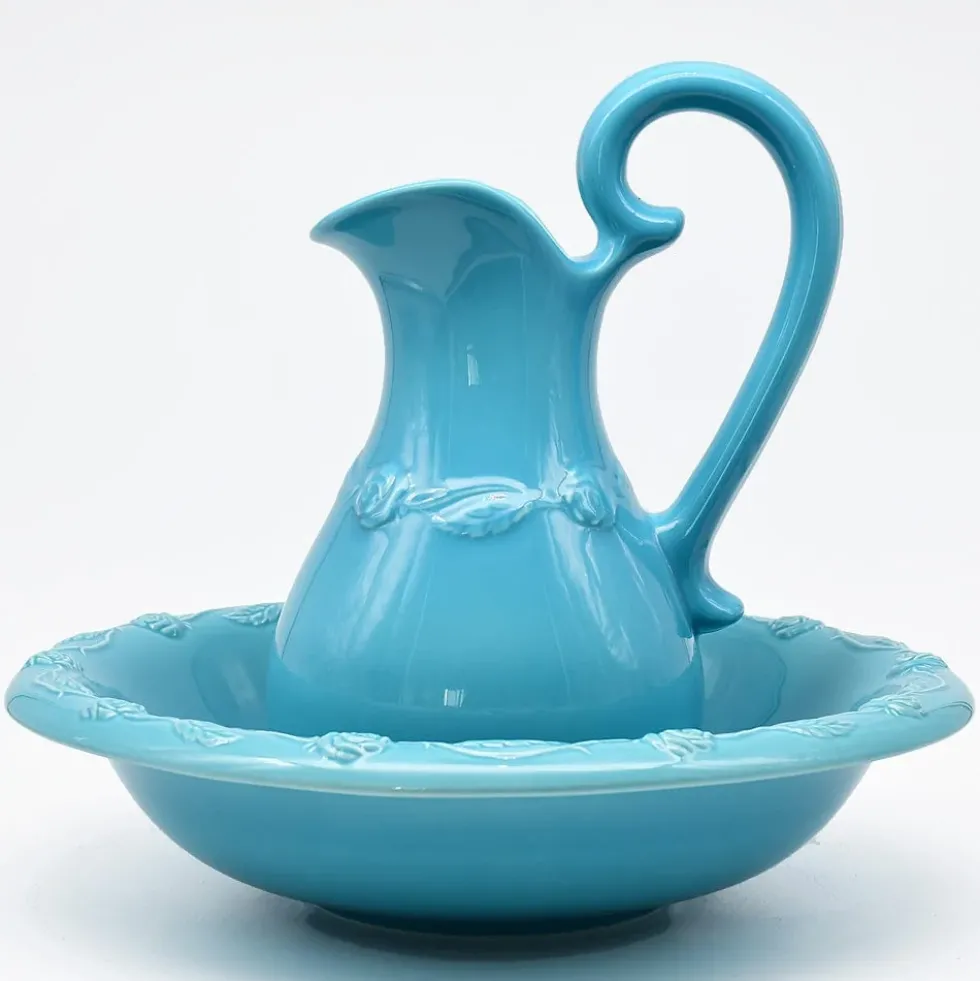 Cruche et bassine de toilette en céramique - Turquoise