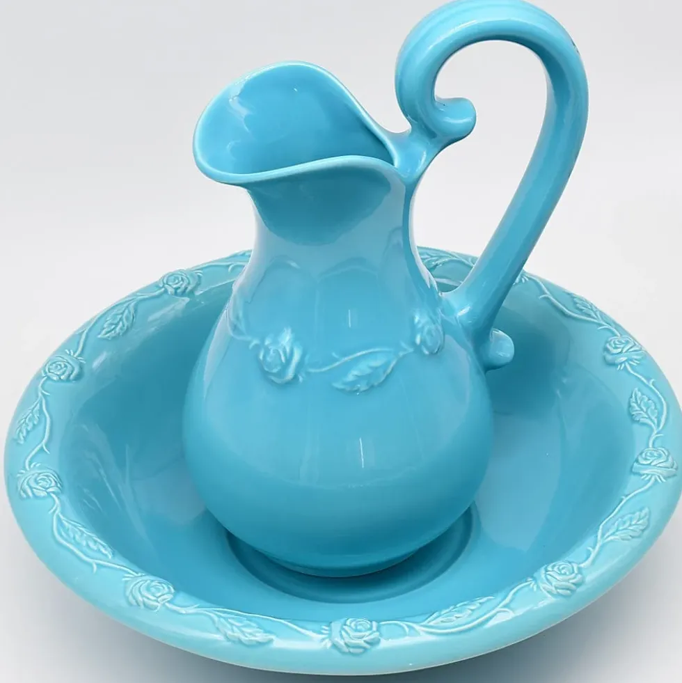 Cruche et bassine de toilette en céramique - Turquoise