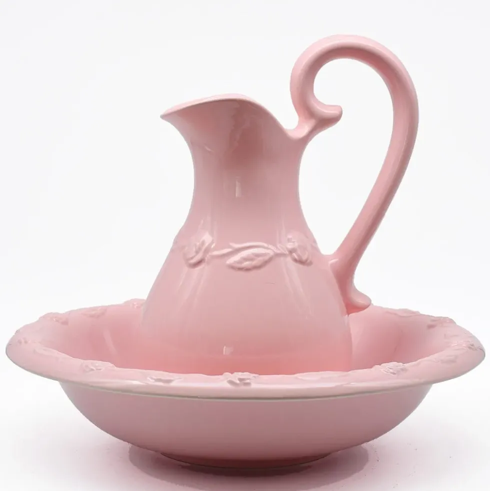 Cruche et bassine de toilette en céramique - Rose