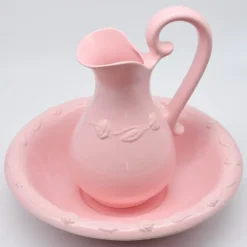 Cruche et bassine de toilette en céramique - Rose