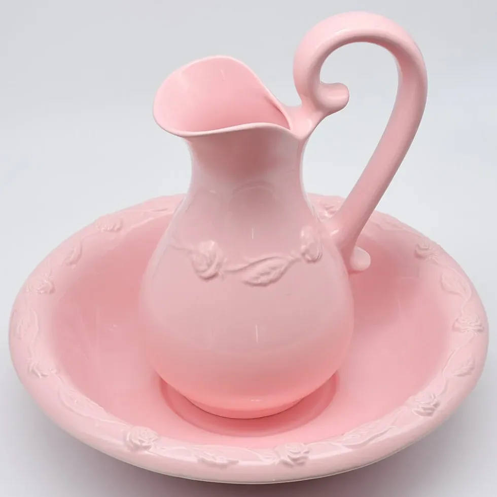 Cruche et bassine de toilette en céramique - Rose