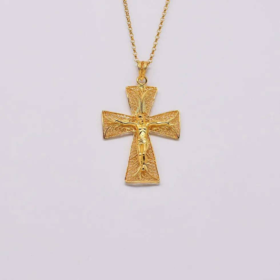 Crucifixo I Pendentif en filigrane d'argent doré - 5cm