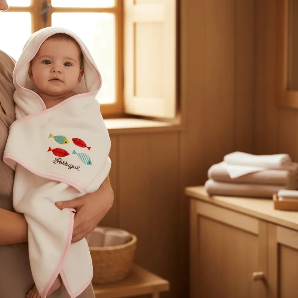 Drap de bain à capuche en coton "Sardinhas" - Rose