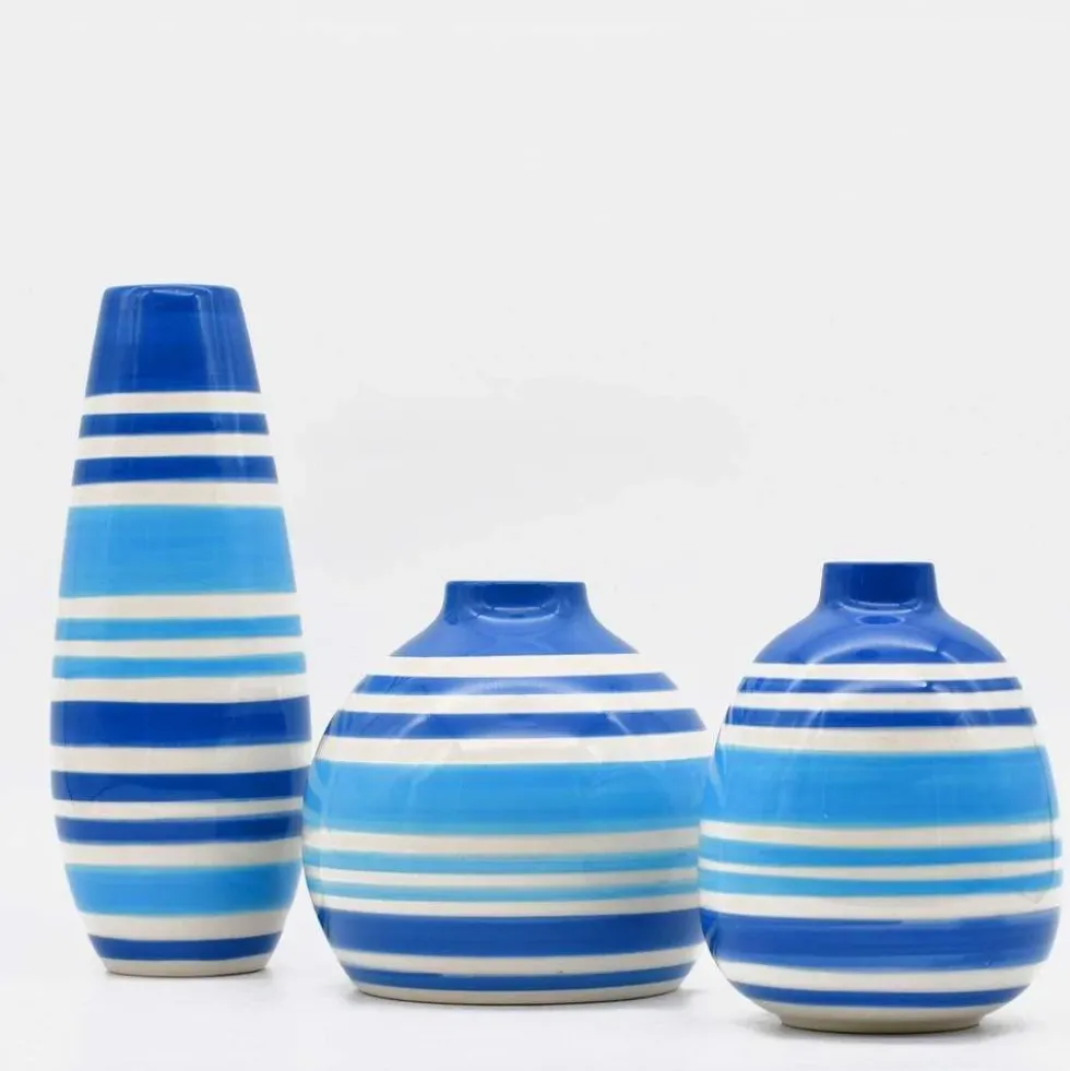 Ensemble de 3 vases rayés bleus