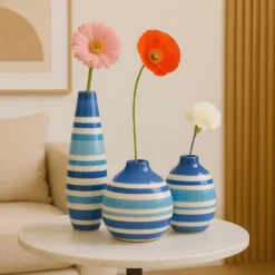 Ensemble de 3 vases rayés bleus