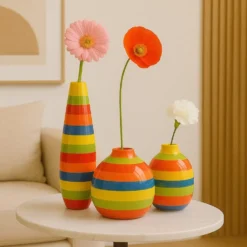 Ensemble de 3 vases rayés multicolores