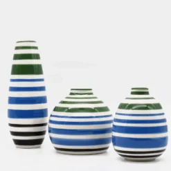 Ensemble de 3 vases rayés vert et bleu