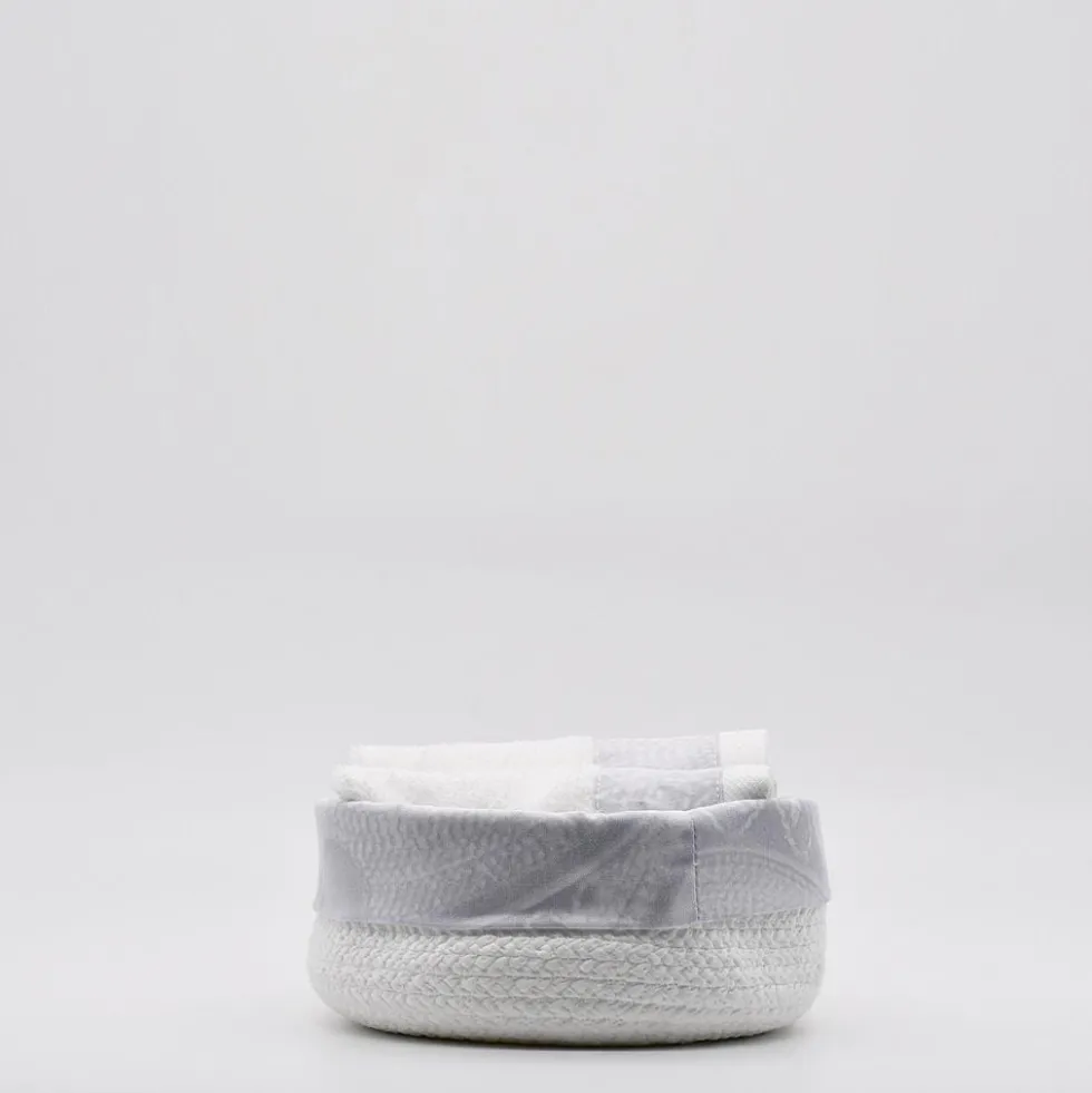 Panier en coton à parements gris et ses 3 essuie-mains