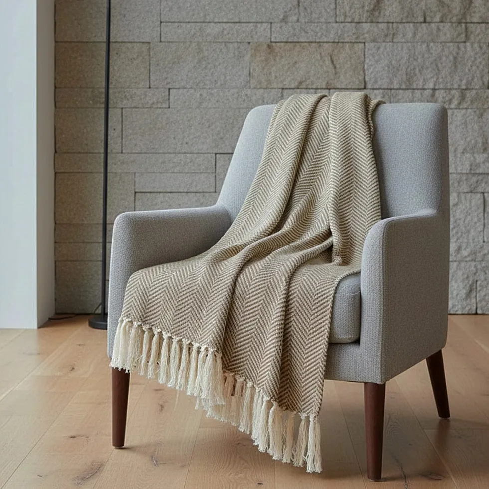 Plaid en coton "Chevrons" - Beige
