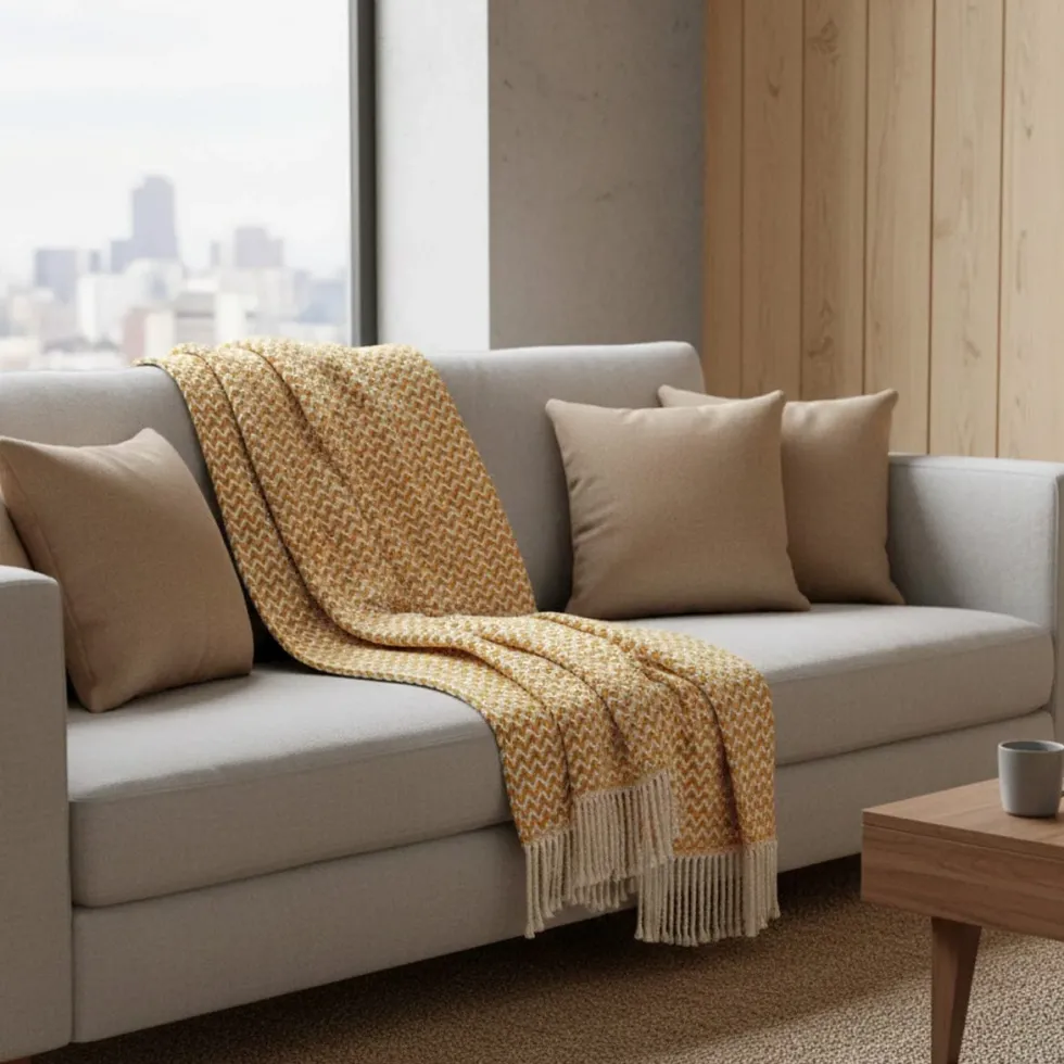 Plaid en coton "Ondas" - Ocre