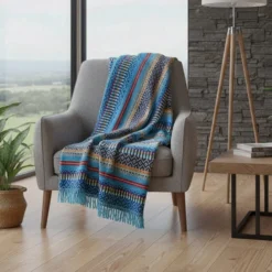 Plaid traditionnel à frange "Manta de Mira de Aire" - Turquoise