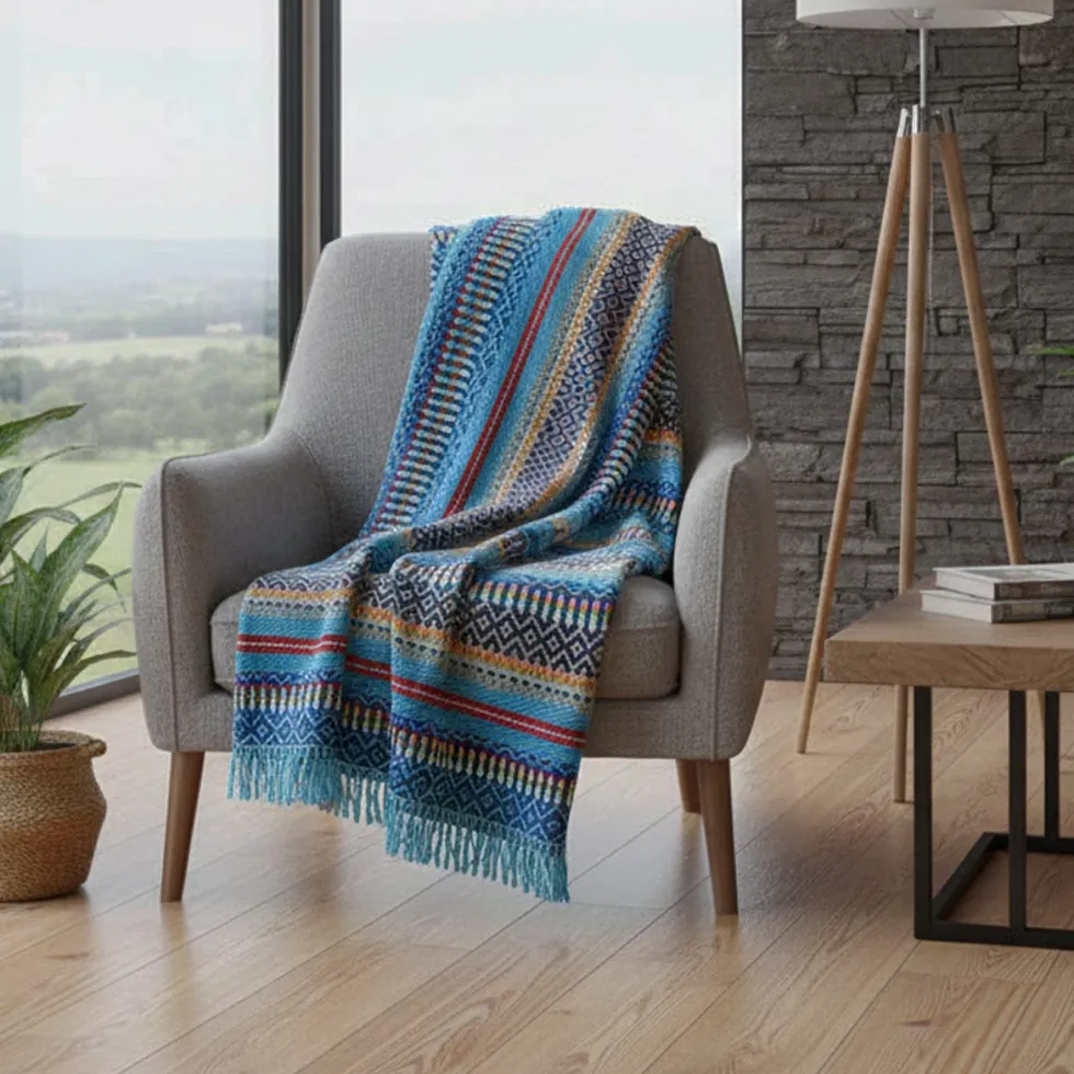 Plaid traditionnel à frange "Manta de Mira de Aire" - Turquoise