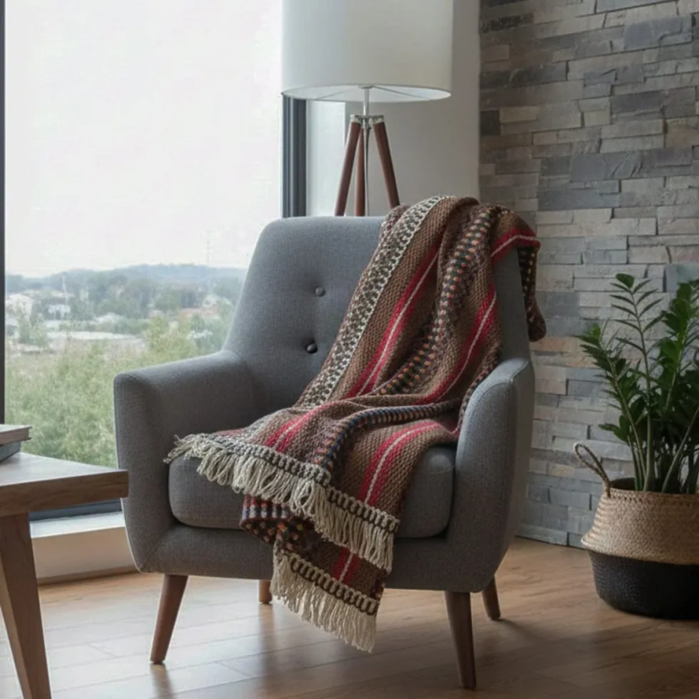 Plaid traditionnel à frange "Manta de Mira de Aire" - Marron