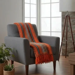Plaid traditionnel à frange "Manta de Mira de Aire" - Orange