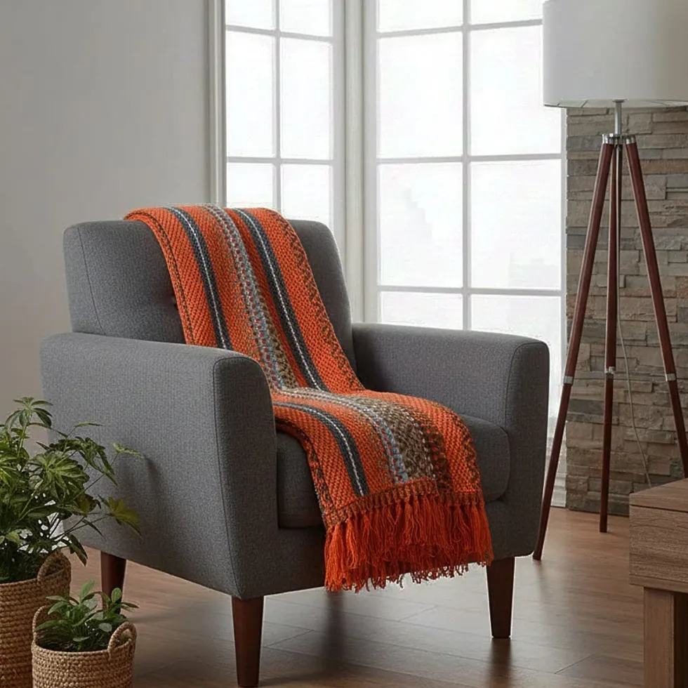 Plaid traditionnel à frange "Manta de Mira de Aire" - Orange