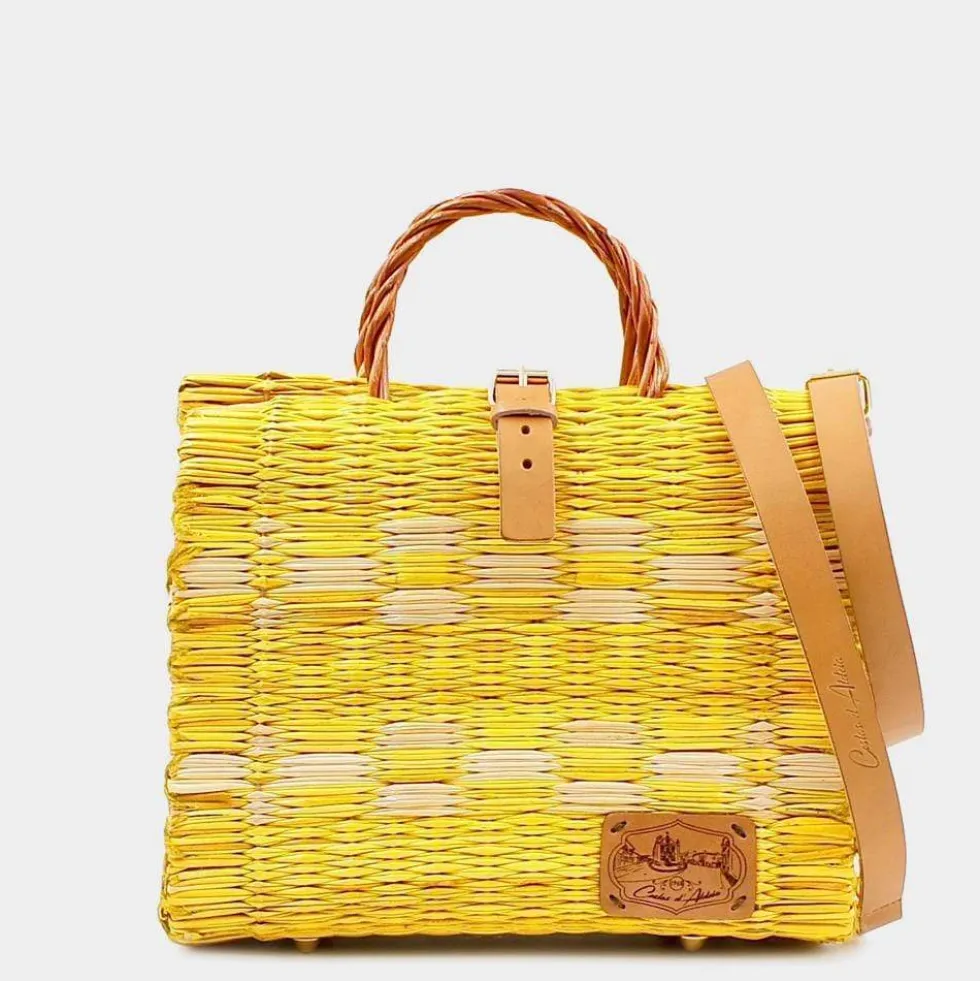 Sac cabas en jonc 26cm - Jaune & Blanc