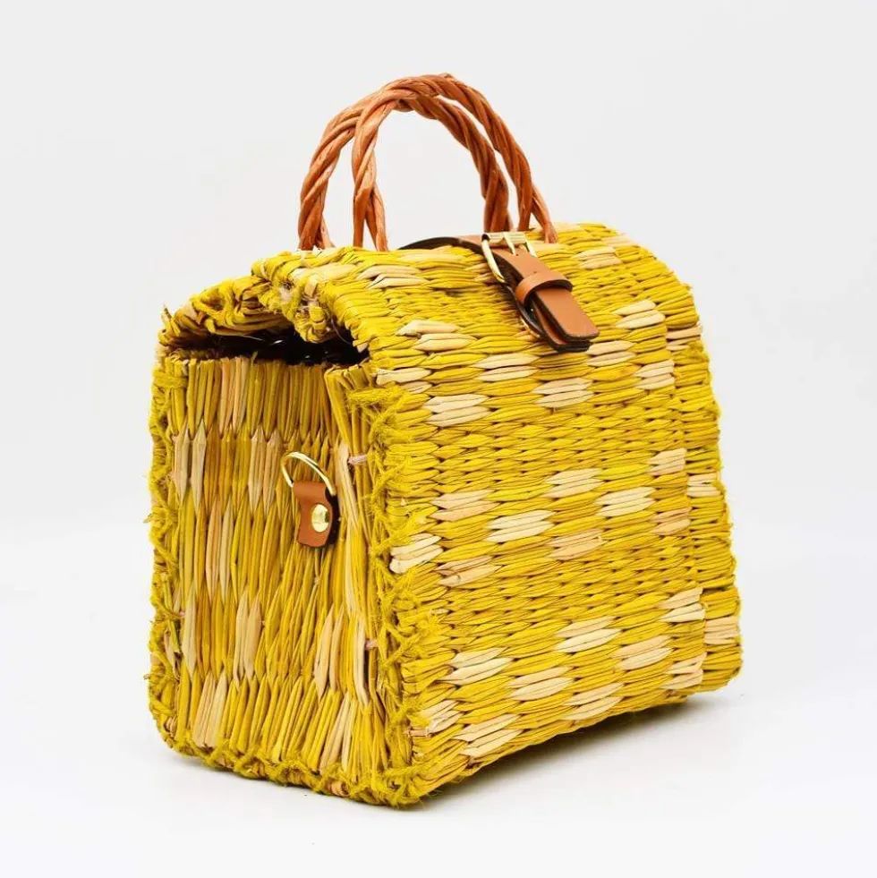 Sac cabas en jonc 26cm - Jaune & naturel