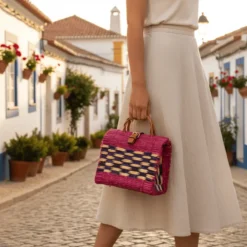 Sac cabas en jonc 22cm - Rose & Mauve