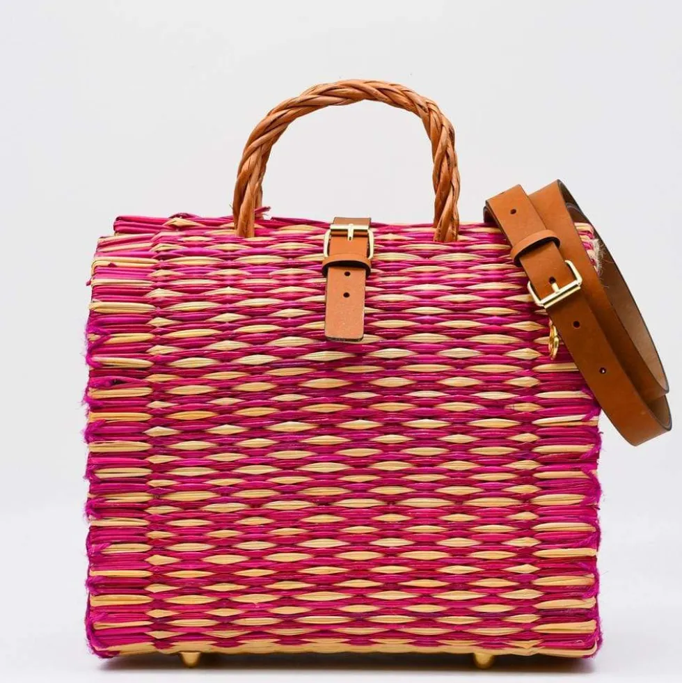 Sac cabas en jonc 26cm - Rose & Naturel