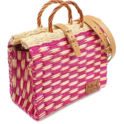 Sac cabas en jonc 30cm - Rose & naturel