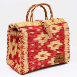 Sac cabas en jonc 26cm - Rouge & naturel