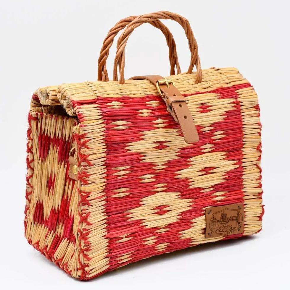Sac cabas en jonc 26cm - Rouge & naturel