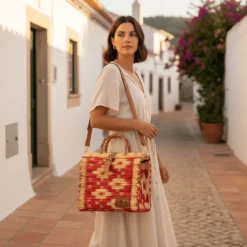 Sac cabas en jonc 26cm - Rouge & naturel