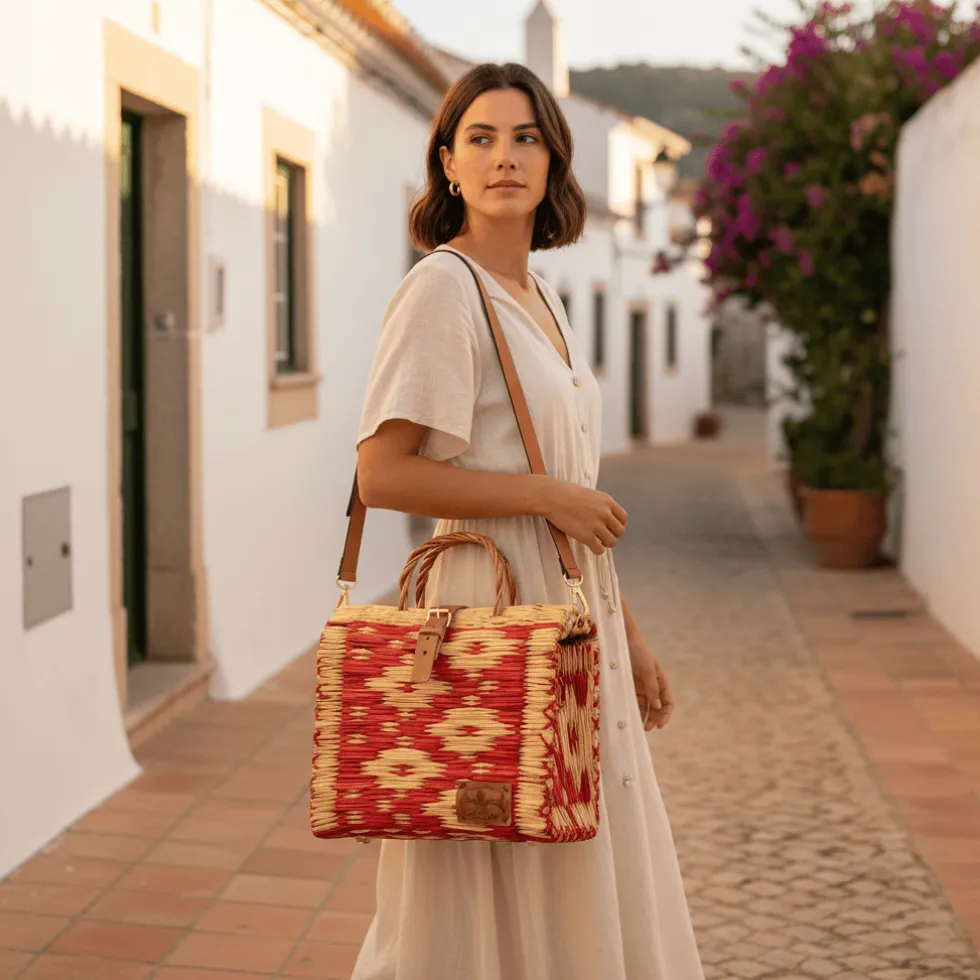 Sac cabas en jonc 26cm - Rouge & naturel