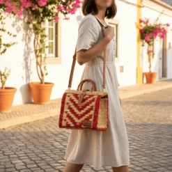 Sac cabas en jonc 30cm - Rouge & naturel