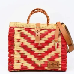Sac cabas en jonc 30cm - Rouge & naturel